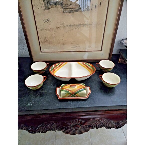 Vernonware Homespun Plaid Set – 4 Cups, Butter Dish & Divided Dish Vintage - Picture 1 of 8